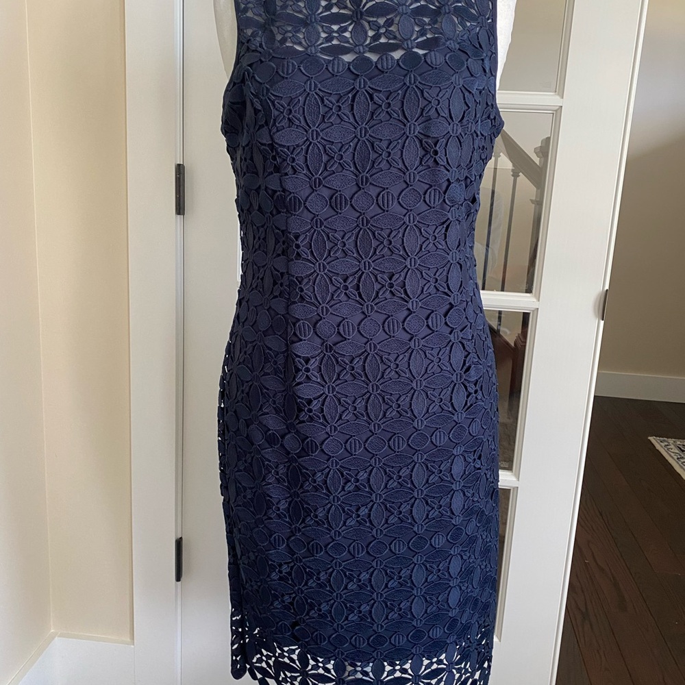White House Black Market Navy Blue Lace Sheath Midi Dress